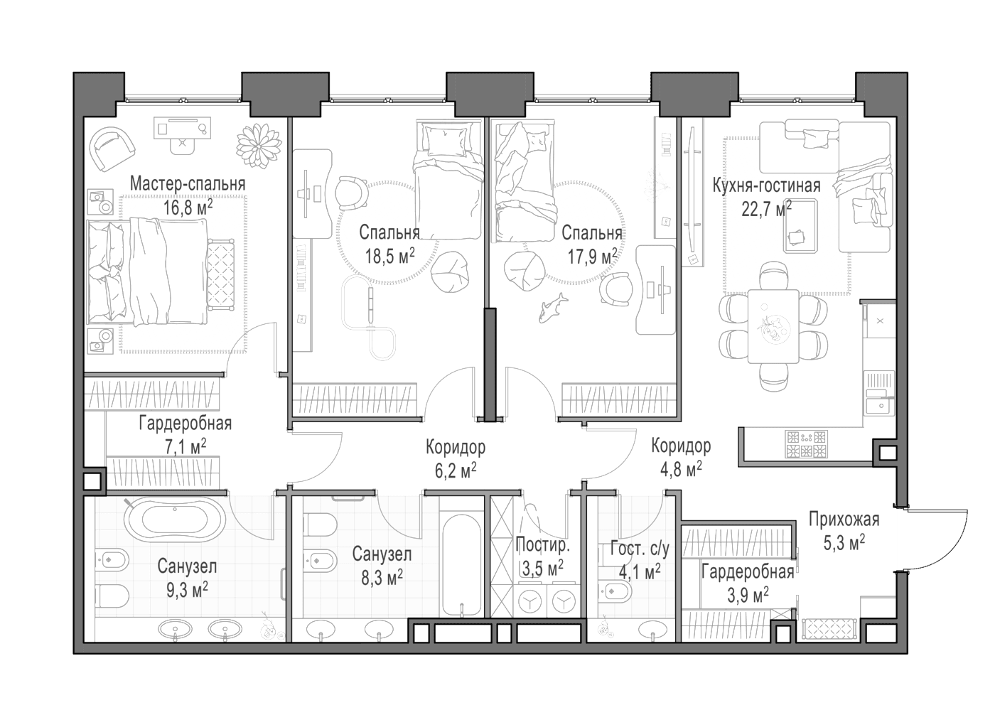Планировка: Квартира евро-4 128,2 м² в ЖК «Квартал Life Time»