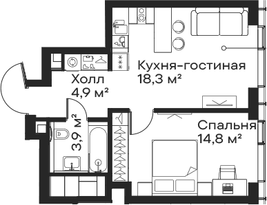 Планировка: 1-комнатная квартира 41,9 м² в ЖК «Сити Бэй»