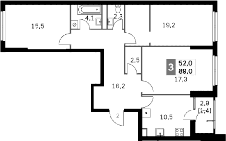 Планировка: 3-комнатная квартира 87,3 м² в ЖК «Скай Гарден»