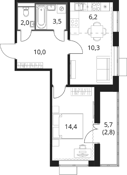 Планировка: Евродвушка 46,4 м² в ЖК «1-й Шереметьевский»