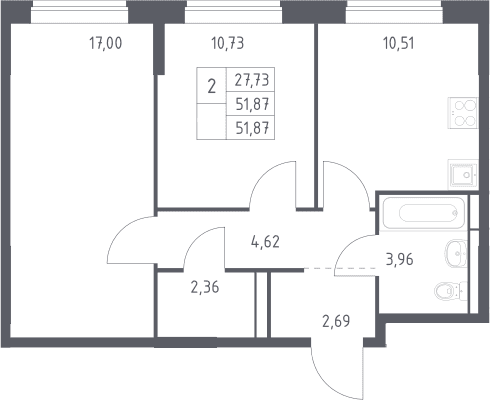 Планировка: 2-комнатная квартира 51,9 м² в ЖК «Богдановский лес»
