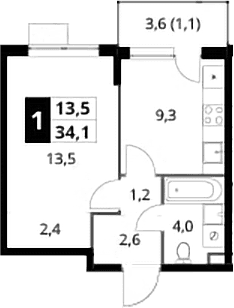 Планировка: 1-комнатная квартира 33 м² в ЖК «1-й Шереметьевский»