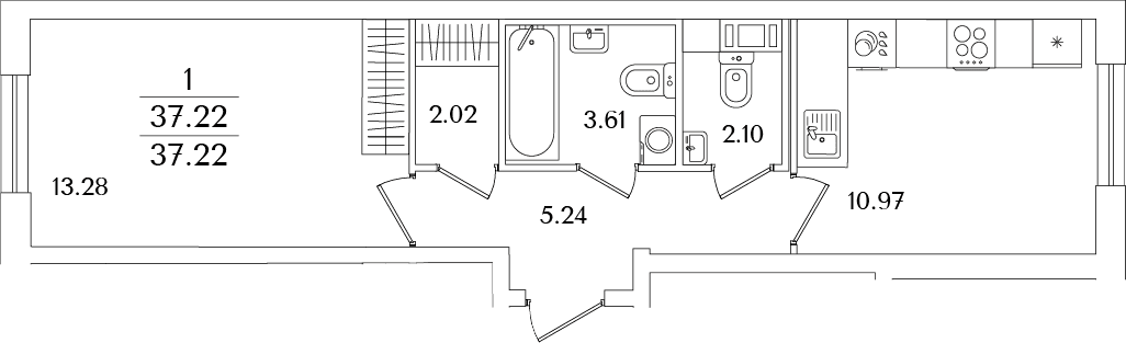 Планировка: 1-комнатная квартира 37,2 м² в ЖК «Кинопарк»