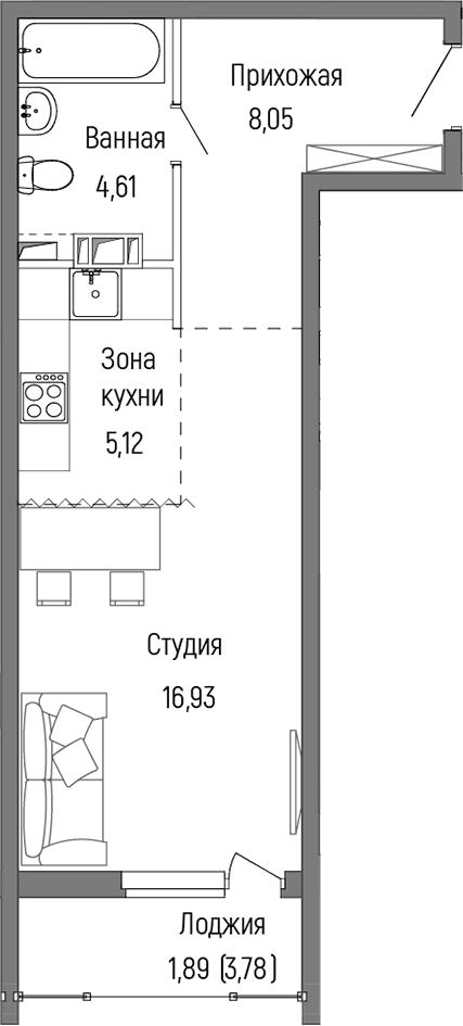 Планировка: Студия 34,7 м² в ЖК «Рига Хиллс»
