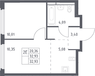 Планировка: Евродвушка 32,9 м² в ЖК «Космический Квартал»