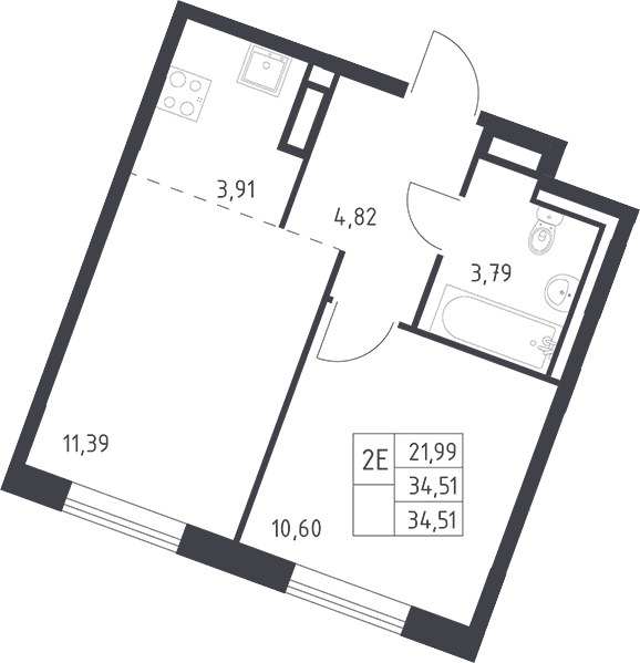 Планировка: Евродвушка 34,5 м² в ЖК «Квартал Лаголово»