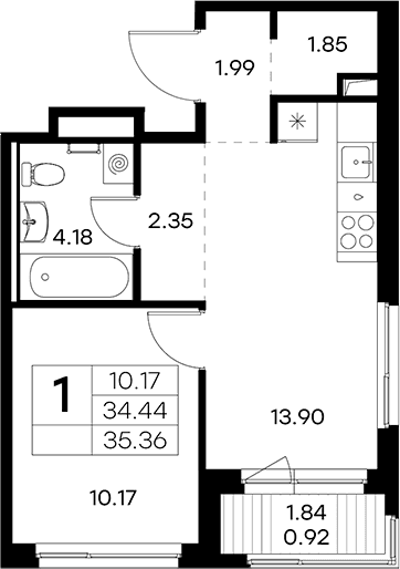 Планировка: Евродвушка 34,4 м² в ЖК «Новоселье»