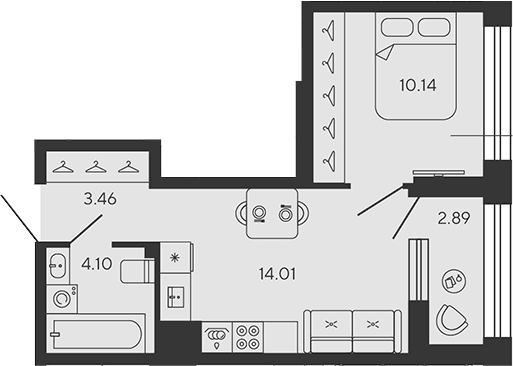 Планировка: Евродвушка 31,7 м² в ЖК «BASHNI ELEMENT»