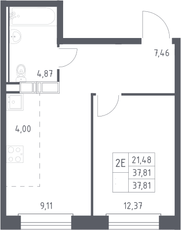 Планировка: Евродвушка 37,8 м² в ЖК «ЭкоБунино»