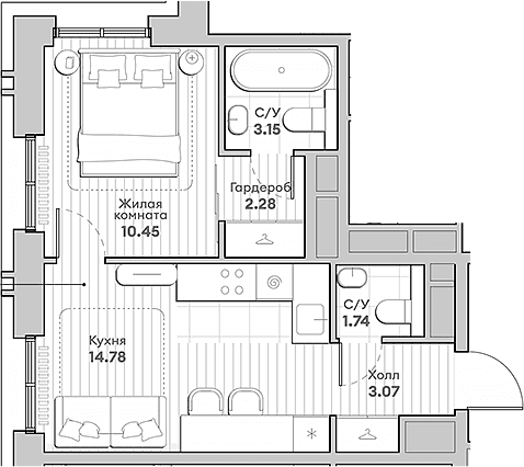 Планировка: Евродвушка 35,5 м² в ЖК «ИНДИВО»