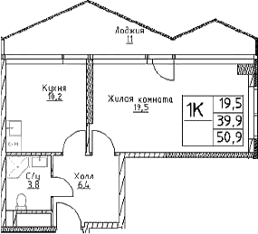 Планировка: 1-комнатная квартира 39,9 м² в ЖК «Наметкин Тауэр»