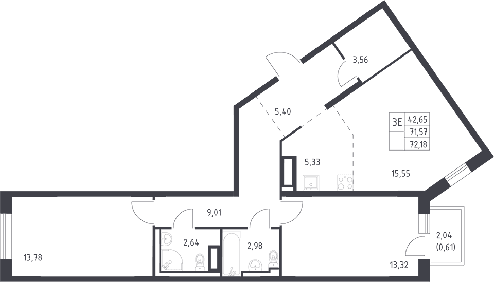 Планировка: Евротрёшка 71,6 м² в ЖК «Квартал Лаголово»