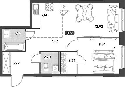 Планировка: Евродвушка 47,3 м² в ЖК «Космопарк»