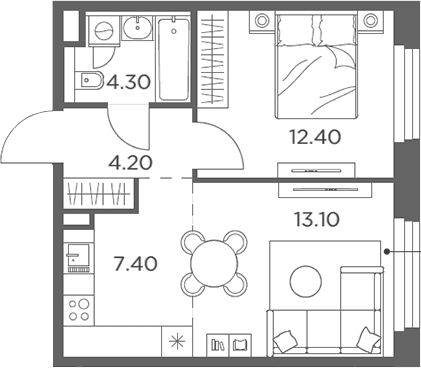 Планировка: Евродвушка 41,4 м² в ЖК «Белый Град»