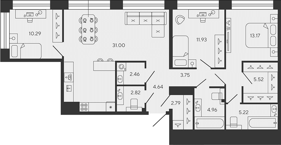 Планировка: Квартира евро-4 98,6 м² в ЖК «BASHNI ELEMENT»