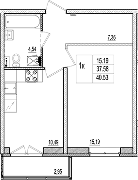 Планировка: 1-комнатная квартира 37,6 м² в ЖК «Ново-Антропшино»
