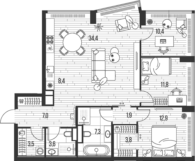 Планировка: Квартира евро-4 105,1 м² в ЖК «HIGH LIFE»
