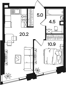 Планировка: Евродвушка 40,6 м² в ЖК «РАКУРС»