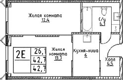 Планировка: Евродвушка 42,7 м² в ЖК «Наметкин Тауэр»