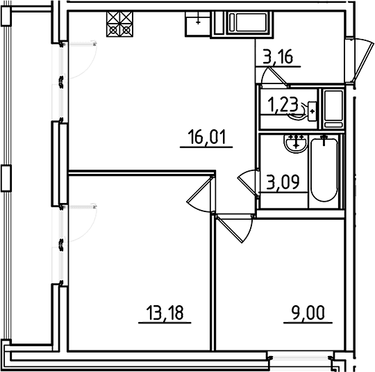 Планировка: Евротрёшка 45,7 м² в ЖК «Старлайт»