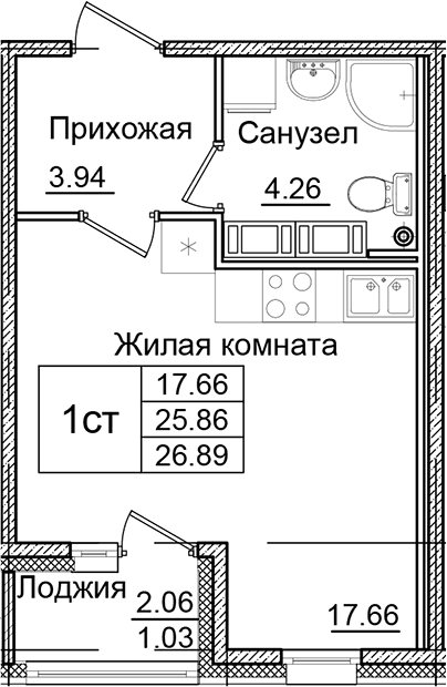 Планировка: Студия 25,9 м² в ЖК «Квартал Заречье»