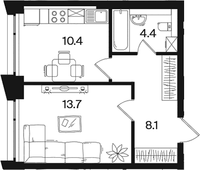 Планировка: 1-комнатная квартира 36,6 м² в ЖК «РАКУРС»