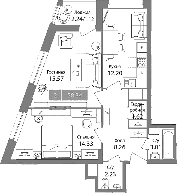 Планировка: 2-комнатная квартира 57,2 м² в ЖК «Планерный квартал»