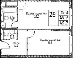 Планировка: Евродвушка 49,7 м² в ЖК «Наметкин Тауэр»
