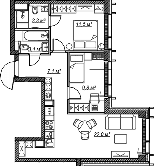 Планировка: Евротрёшка 57,1 м² в ЖК «Веер»