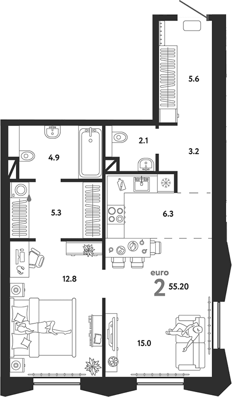 Планировка: Евродвушка 55,2 м² в ЖК «Страна.Озерная»