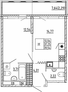 Планировка: 1-комнатная квартира 37,3 м² в ЖК «Квартал Воронцовский»