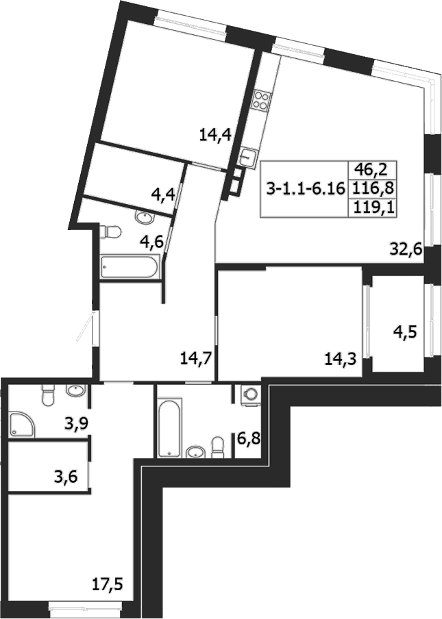 Планировка: 3-комнатная квартира 116,9 м² в ЖК «ЛДМ»