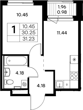 Планировка: Евродвушка 30,3 м² в ЖК «Новоселье»