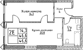 Планировка: Евродвушка 46,6 м² в ЖК «Наметкин Тауэр»