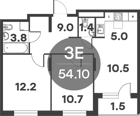 Планировка: Евротрёшка 52,6 м² в ЖК «Равновесие»