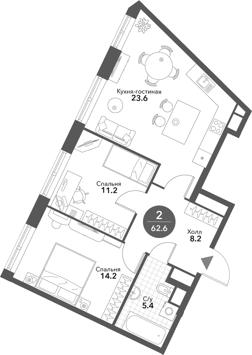 Планировка: Евротрёшка 62,6 м² в ЖК «Воксхолл»