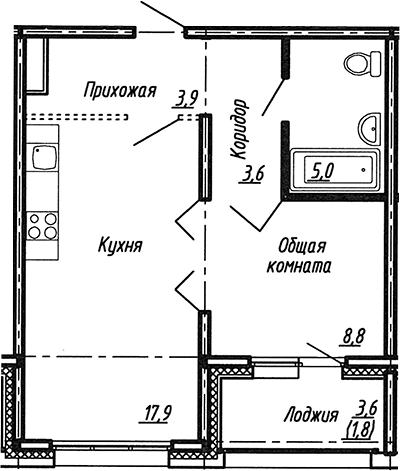 Планировка: Евродвушка 39,2 м² в ЖК «Сибирь»