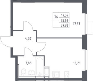 Планировка: 1-комнатная квартира 38 м² в ЖК «Пятницкие Луга»