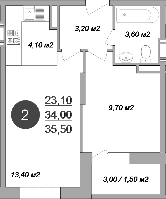 Планировка: Евродвушка 34 м² в ЖК «Новые Островцы»