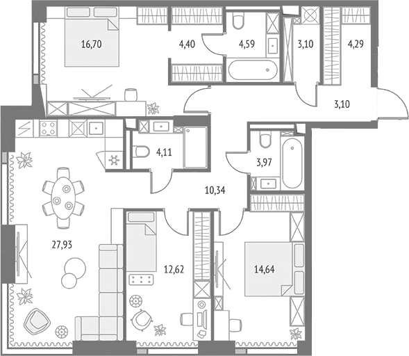 Планировка: Квартира евро-4 109,9 м² в ЖК «Апсайд Тауэрс»