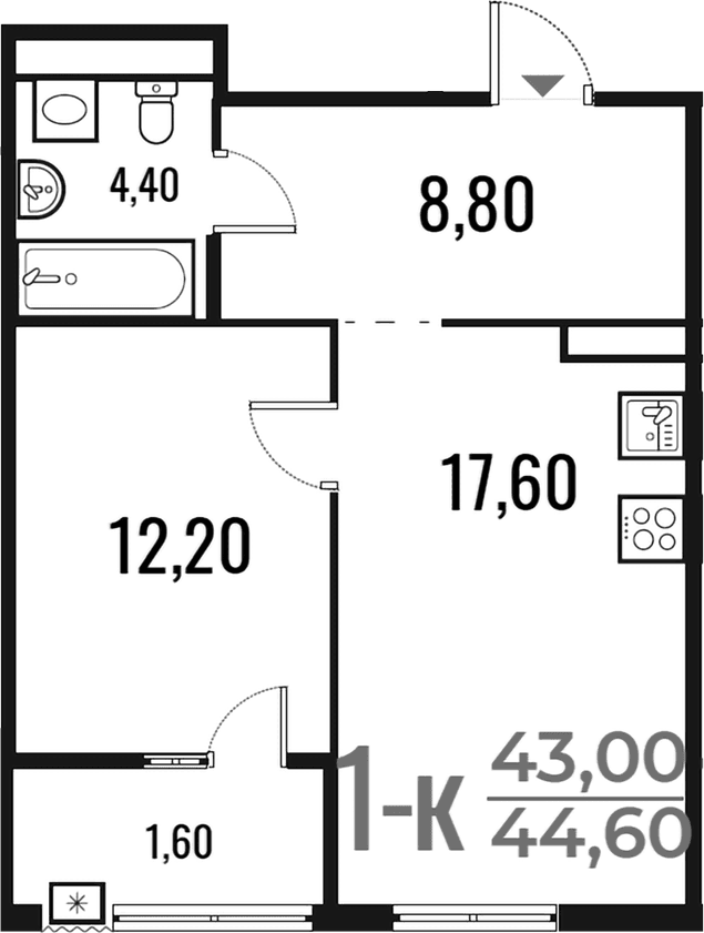 Планировка: 1-комнатная квартира 43 м² в ЖК «Новое Летово»