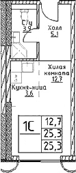 Планировка: Студия 25,3 м² в ЖК «Наметкин Тауэр»