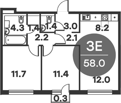 Планировка: Евротрёшка 57,7 м² в ЖК «Равновесие»