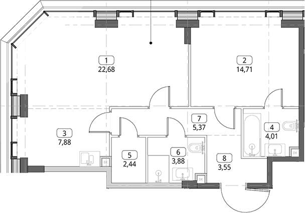 Планировка: Евродвушка 64,5 м² в ЖК «СИТИДЗЕН»