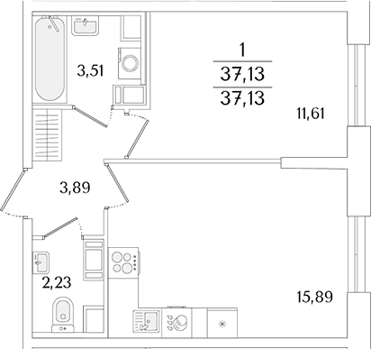 Планировка: Евродвушка 37,1 м² в ЖК «Кинопарк»