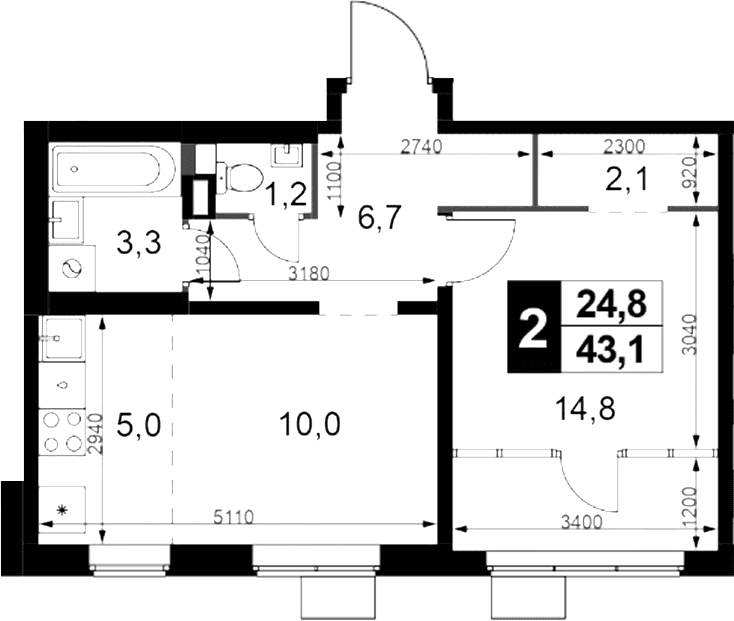 Планировка: Евродвушка 43,1 м² в ЖК «1-й Химкинский»