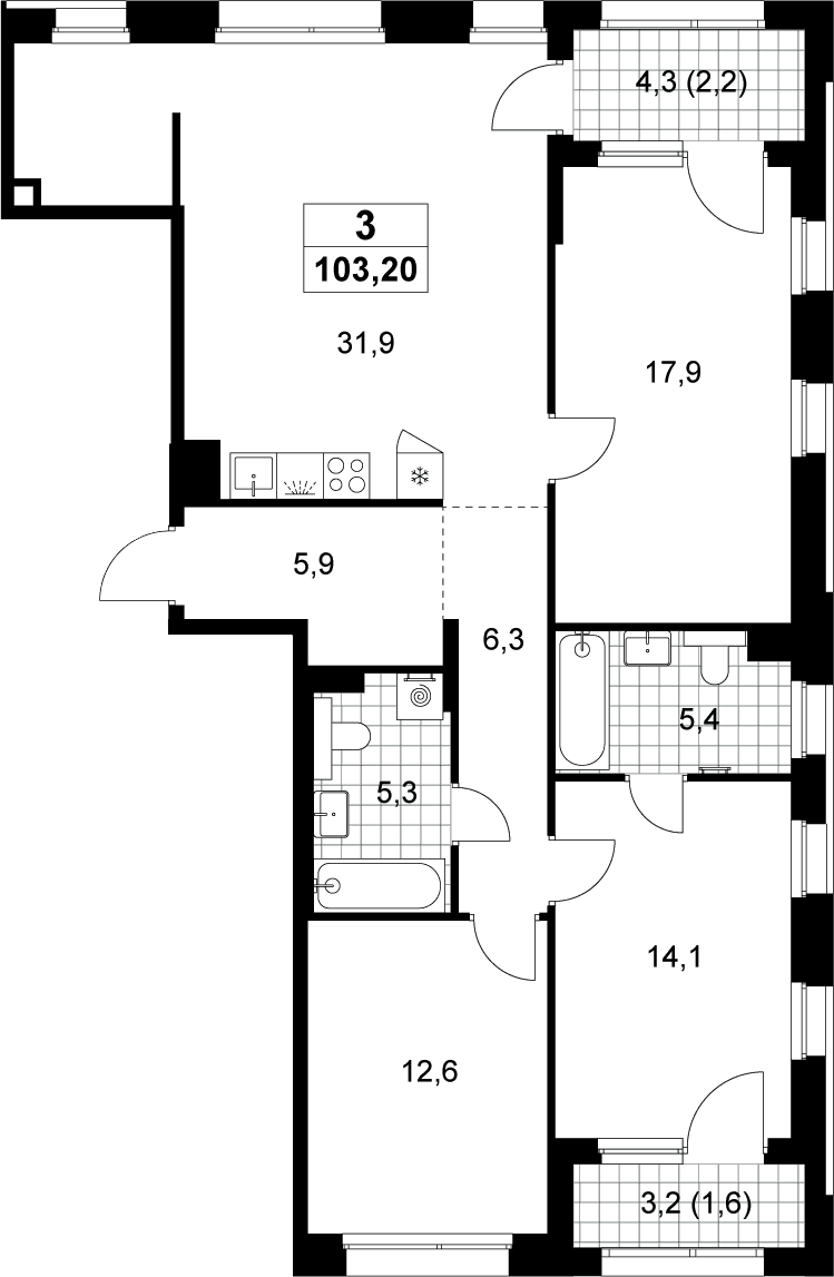 Планировка: Квартира евро-4 99,4 м² в ЖК «Хольм»