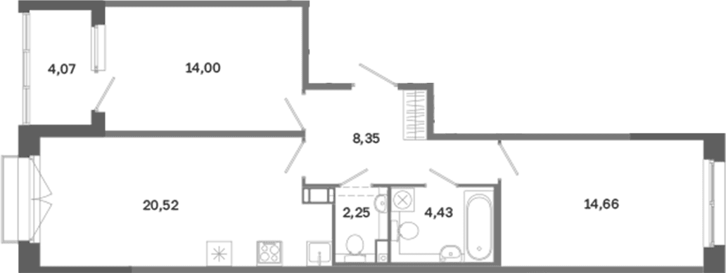 Планировка: Евротрёшка 64,2 м² в ЖК «Дом на Курской»