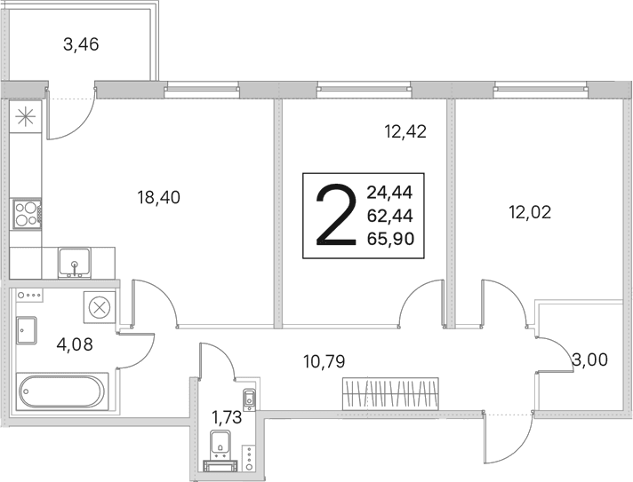 Планировка: Евротрёшка 62,4 м² в ЖК «Любоград в Стрельне»