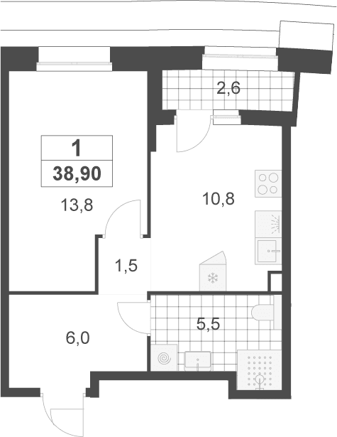 Планировка: 1-комнатная квартира 37,6 м² в ЖК «Деснаречье»
